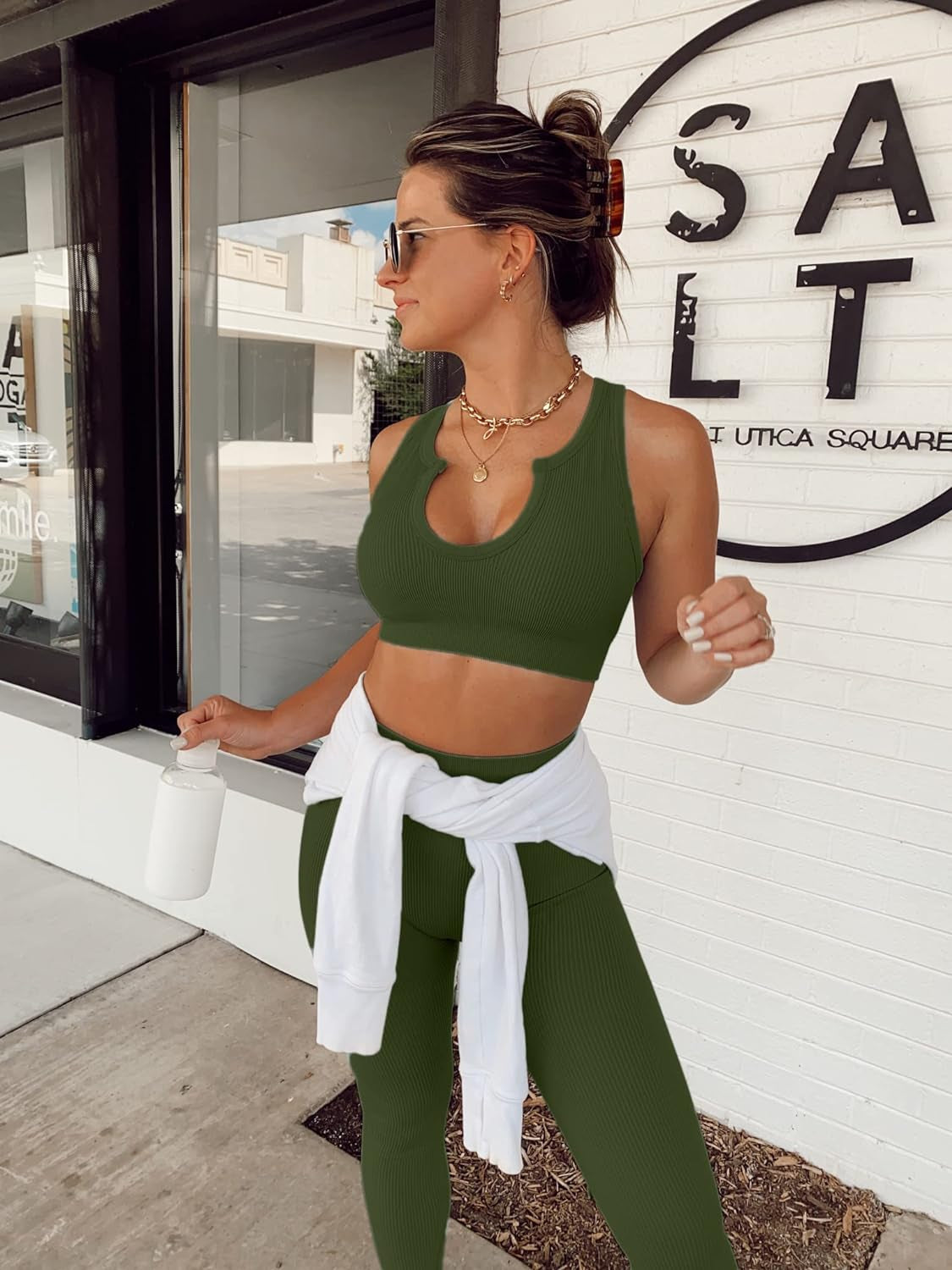 Workout Outfits for Women 2 Piece Ribbed Seamless Crop Tank High Waist Yoga Leggings Sets