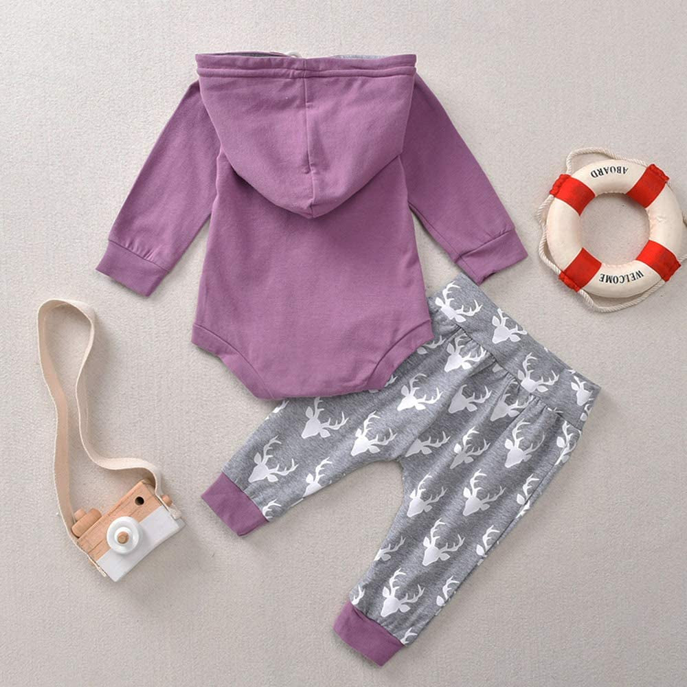 Newborn Baby Boy Girl Long Sleeve Deer Romper Pullover Hooded Tops Pants 2Pcs Sweatshirt Outfits Set