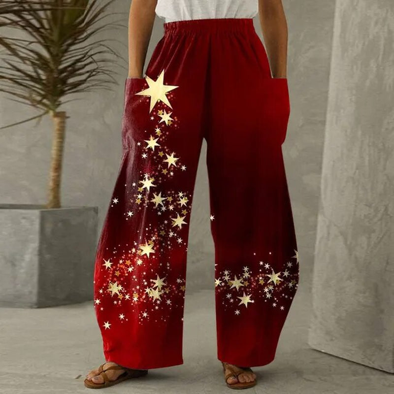 Loose Christmas Women Pants Xmas Snowflake Print Trousers with Pockets Bottoms Straight Wide Leg Pants High Waist Sports Pants