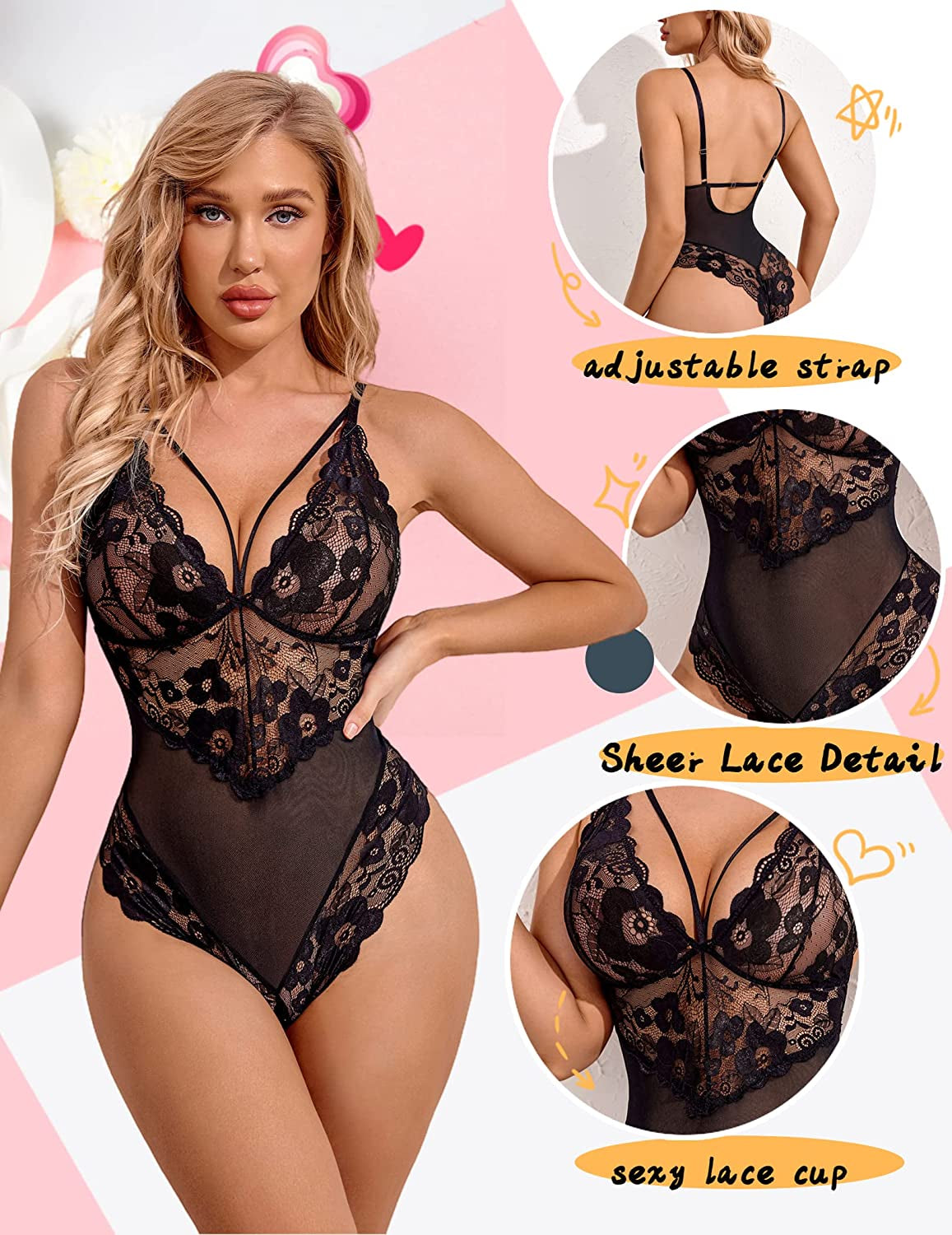 Womens Snap Crotch Lingerie Lace Teddy One Piece Babydoll Sexy Mini Bodysuit