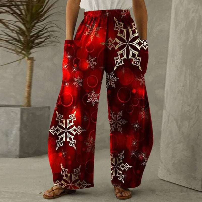 Loose Christmas Women Pants Xmas Snowflake Print Trousers with Pockets Bottoms Straight Wide Leg Pants High Waist Sports Pants