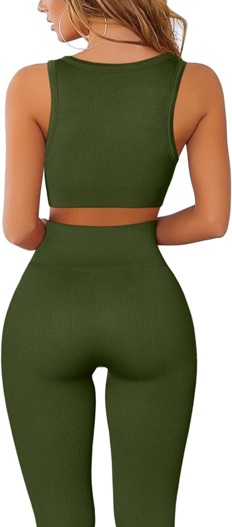 Workout Outfits for Women 2 Piece Ribbed Seamless Crop Tank High Waist Yoga Leggings Sets