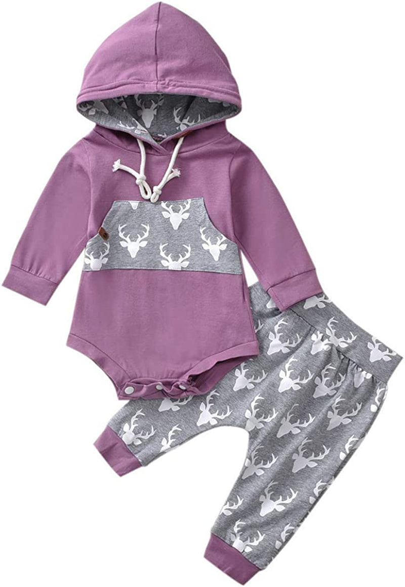 Newborn Baby Boy Girl Long Sleeve Deer Romper Pullover Hooded Tops Pants 2Pcs Sweatshirt Outfits Set