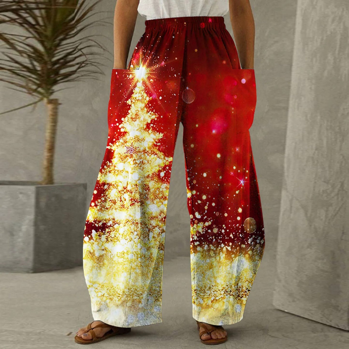 Loose Christmas Women Pants Xmas Snowflake Print Trousers with Pockets Bottoms Straight Wide Leg Pants High Waist Sports Pants