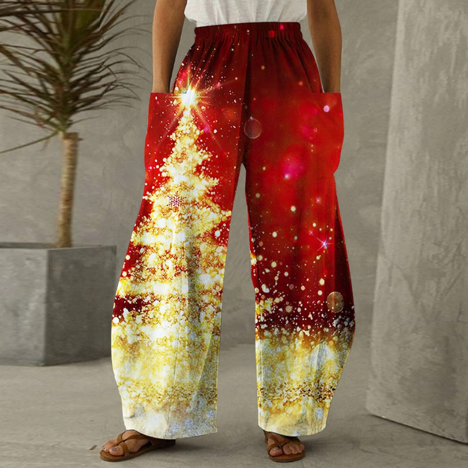 Loose Christmas Women Pants Xmas Snowflake Print Trousers with Pockets Bottoms Straight Wide Leg Pants High Waist Sports Pants
