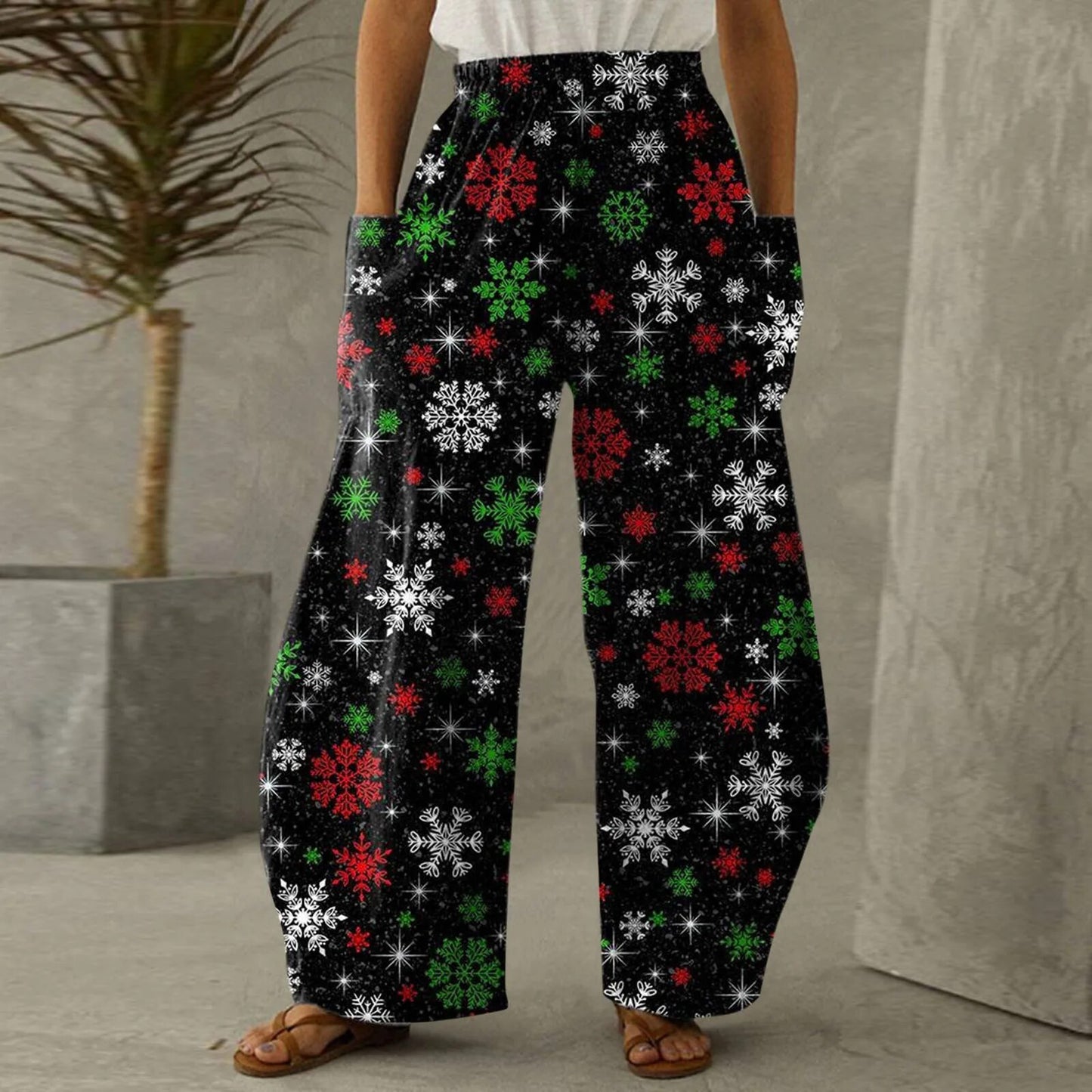 Loose Christmas Women Pants Xmas Snowflake Print Trousers with Pockets Bottoms Straight Wide Leg Pants High Waist Sports Pants