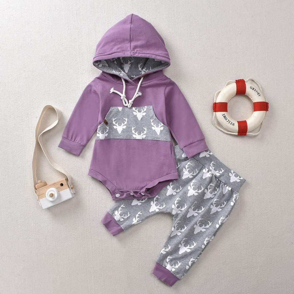 Newborn Baby Boy Girl Long Sleeve Deer Romper Pullover Hooded Tops Pants 2Pcs Sweatshirt Outfits Set
